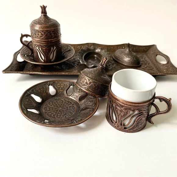LAST CHANCE SALE! Turkish Copper Coffee Tea Set floral motifs Zamak & Porcelain - Picture 3 of 7